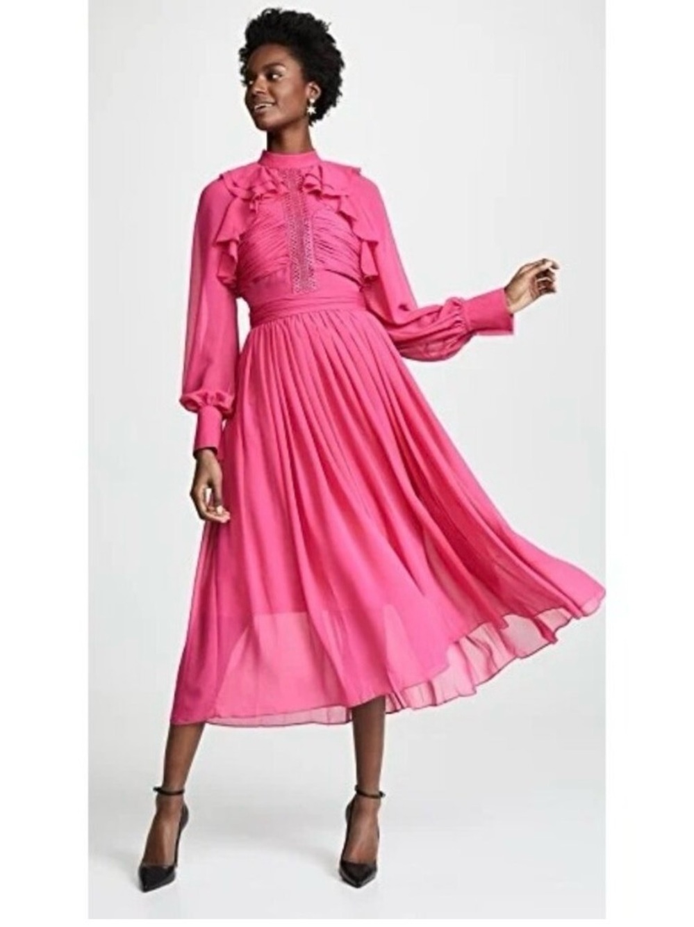 Self Portrait Sz 0 Frilled Chiffon Midi Dress Fuchsia Pink Victorian Fairy Core